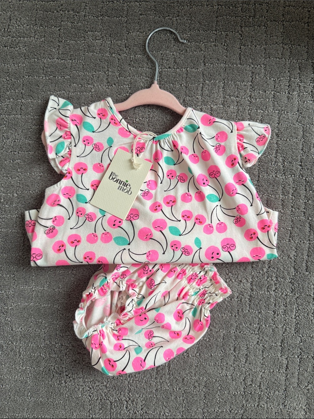 Pink Cherry Print Girls' Casual Dress Set